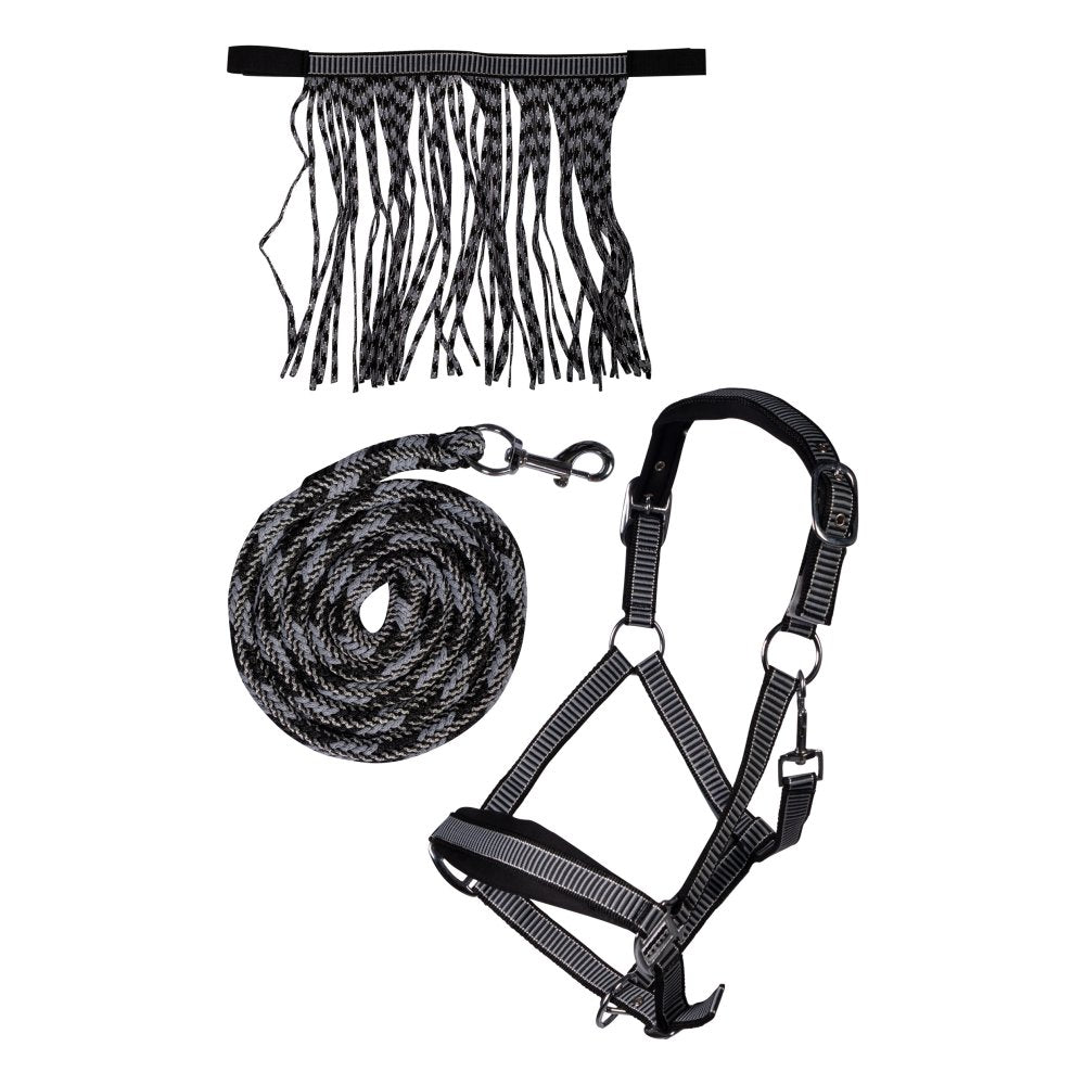 Hkm Set Licol Mousqueton + Franches Gris/Rose Cob