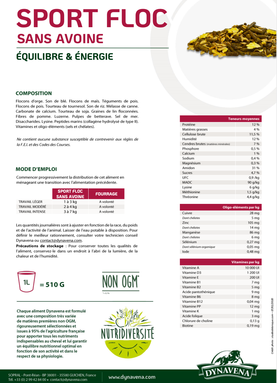 DYNAVENA SPORT FLOC SANS AVOINE 25KG